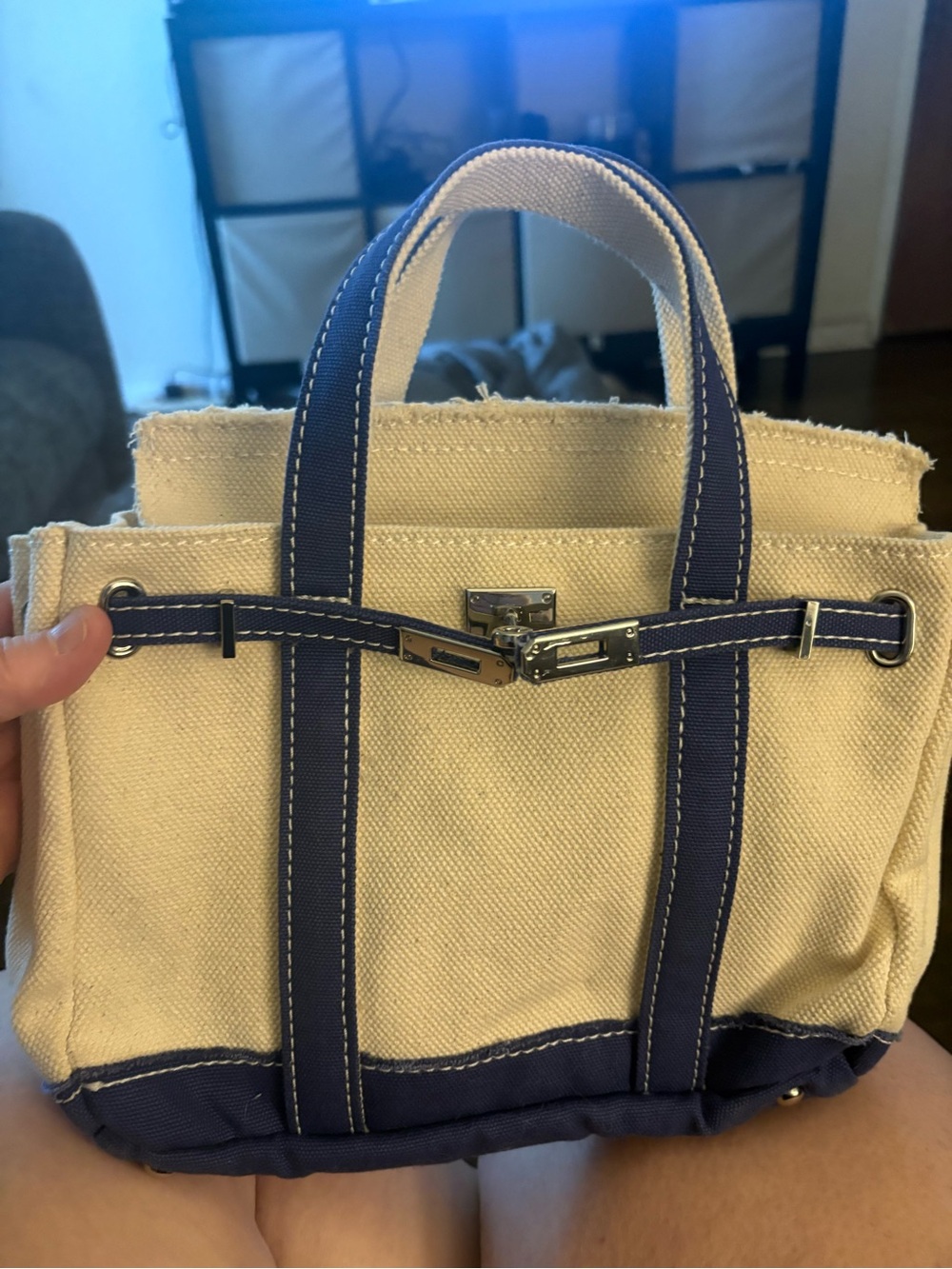 Canvas boatkin small Tote Bag with Navy Trim - Small Everyday Handbag